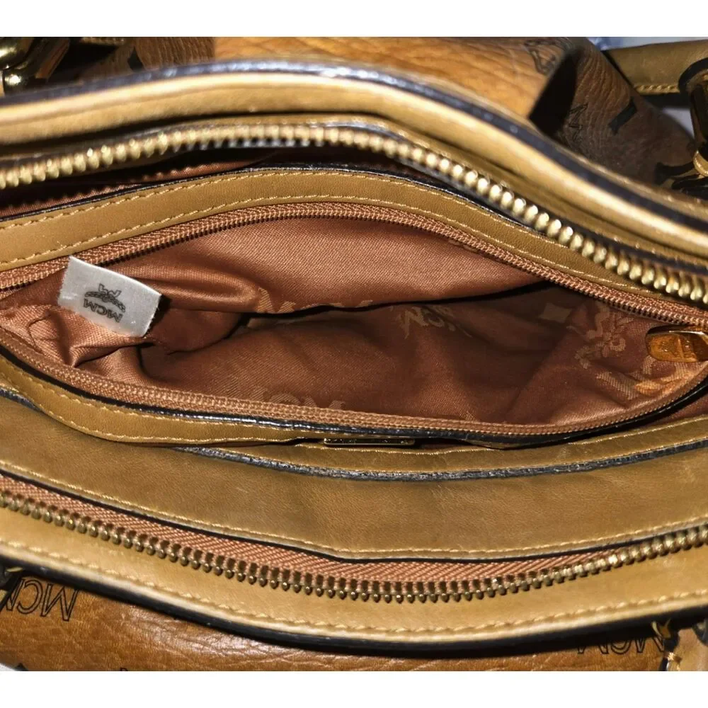 Authentic MCM Cognac Visetos Heritage Pleated Two-Way Satchel Bag (R6732)